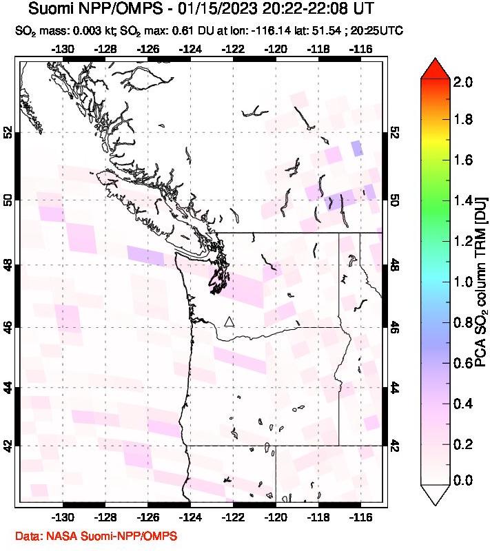 A sulfur dioxide image over Cascade Range, USA on Jan 15, 2023.