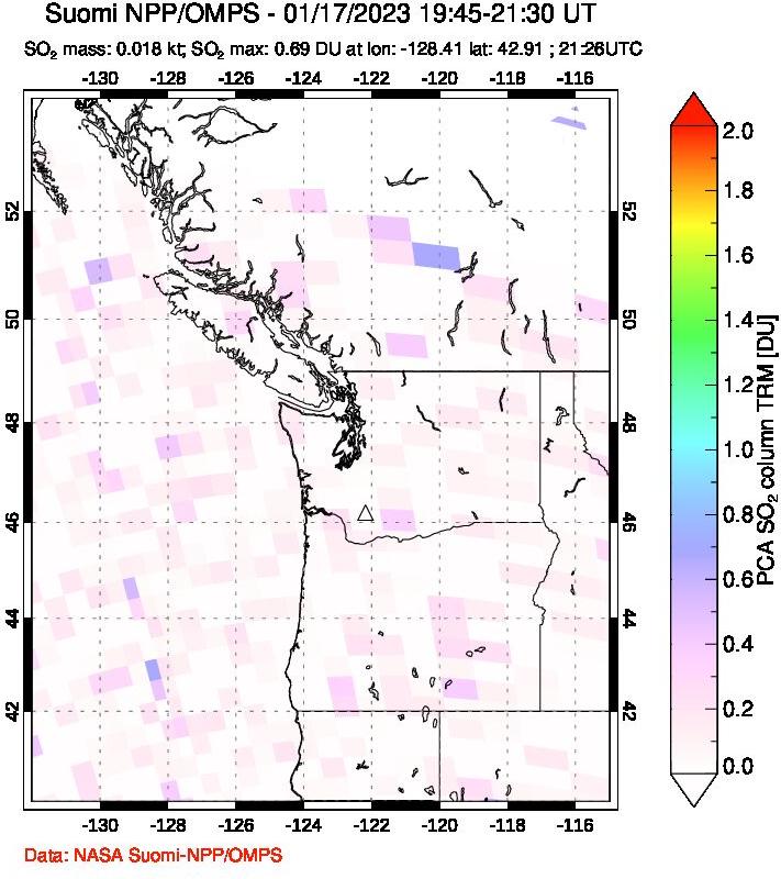 A sulfur dioxide image over Cascade Range, USA on Jan 17, 2023.