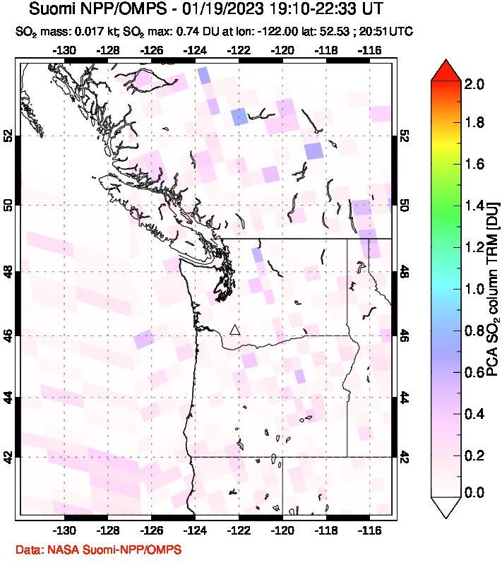 A sulfur dioxide image over Cascade Range, USA on Jan 19, 2023.