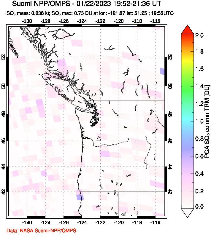 A sulfur dioxide image over Cascade Range, USA on Jan 22, 2023.