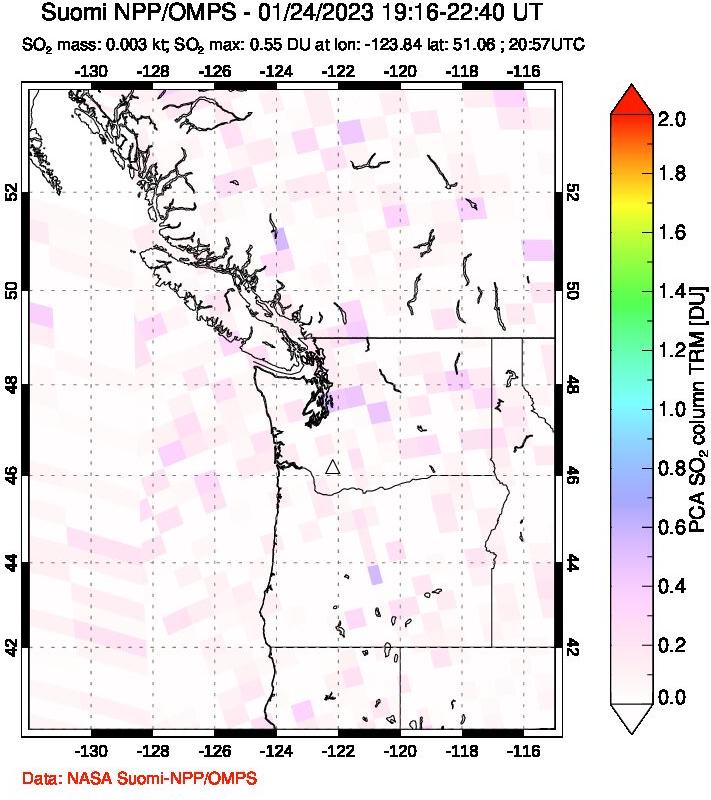 A sulfur dioxide image over Cascade Range, USA on Jan 24, 2023.