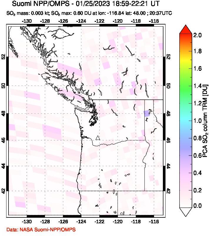 A sulfur dioxide image over Cascade Range, USA on Jan 25, 2023.
