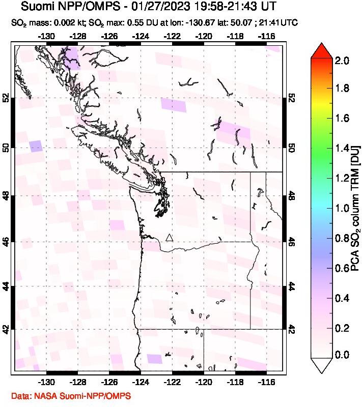 A sulfur dioxide image over Cascade Range, USA on Jan 27, 2023.