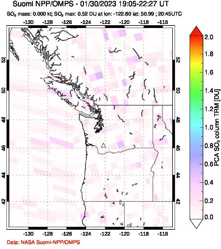 A sulfur dioxide image over Cascade Range, USA on Jan 30, 2023.