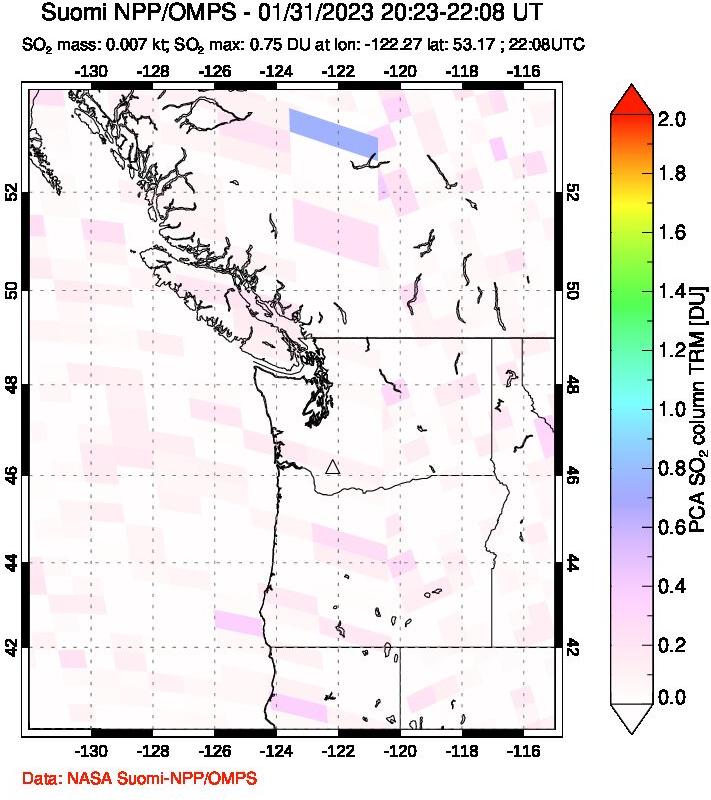 A sulfur dioxide image over Cascade Range, USA on Jan 31, 2023.