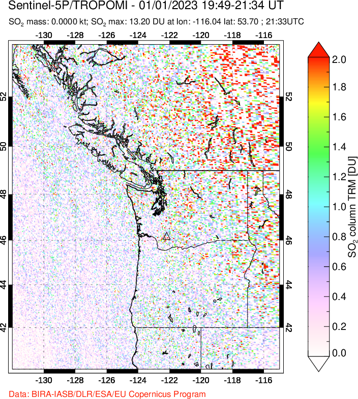 A sulfur dioxide image over Cascade Range, USA on Jan 01, 2023.