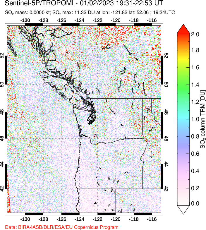 A sulfur dioxide image over Cascade Range, USA on Jan 02, 2023.