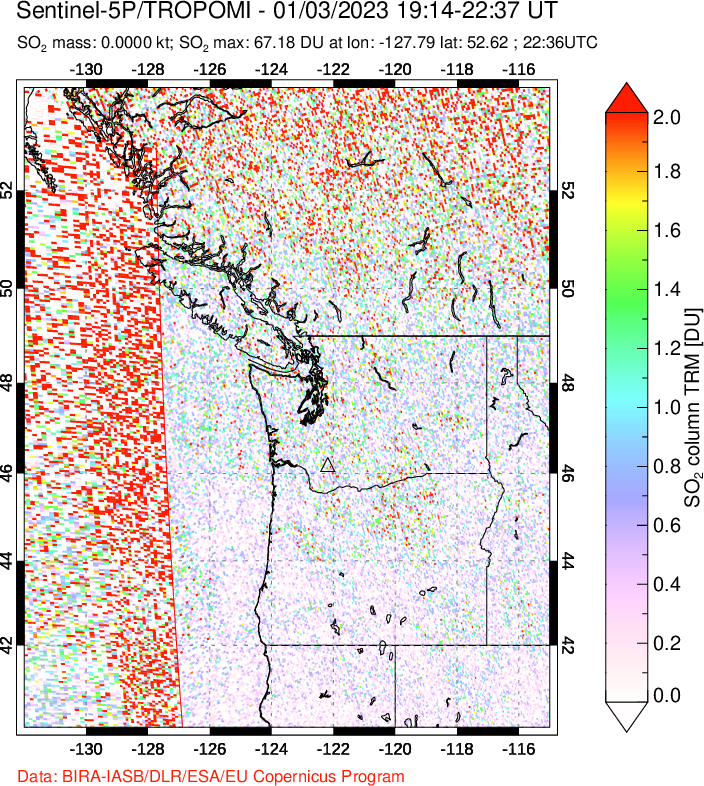 A sulfur dioxide image over Cascade Range, USA on Jan 03, 2023.