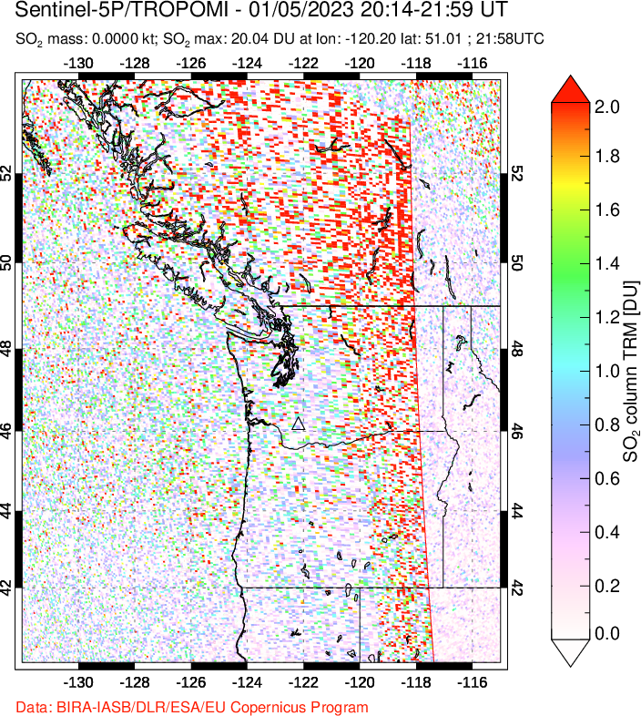 A sulfur dioxide image over Cascade Range, USA on Jan 05, 2023.