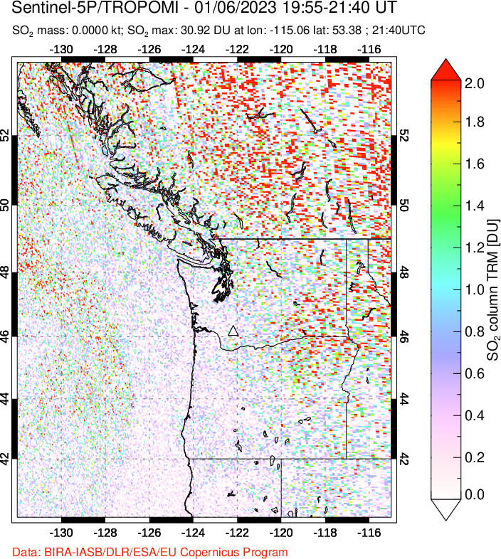 A sulfur dioxide image over Cascade Range, USA on Jan 06, 2023.