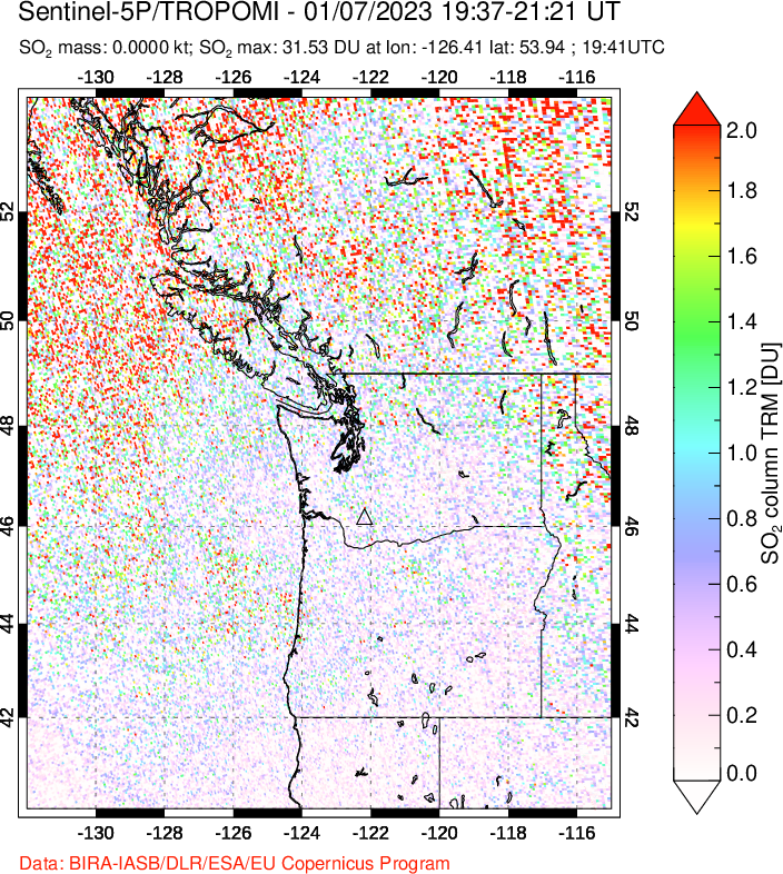 A sulfur dioxide image over Cascade Range, USA on Jan 07, 2023.