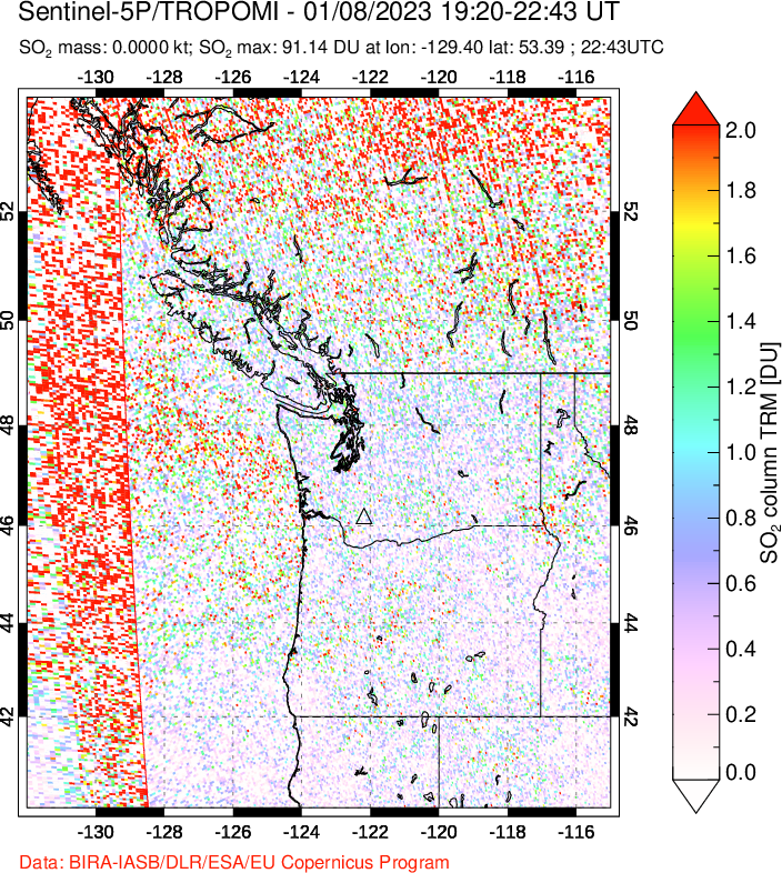 A sulfur dioxide image over Cascade Range, USA on Jan 08, 2023.