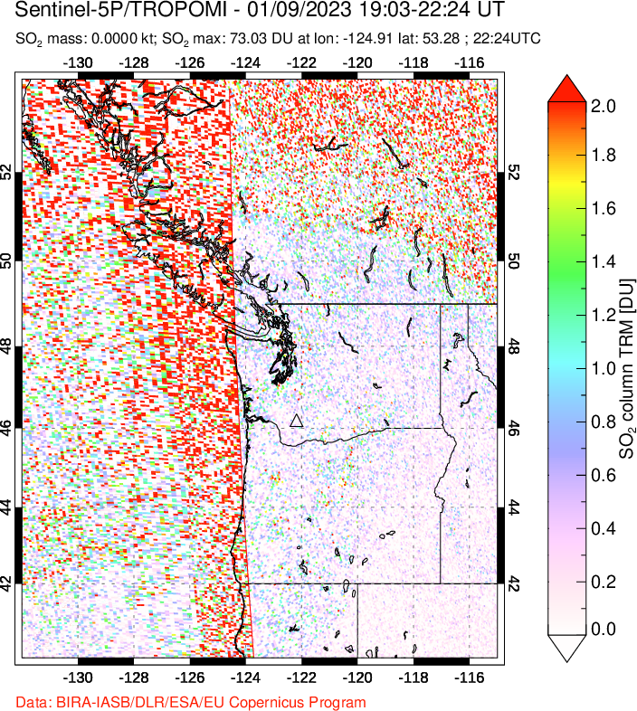 A sulfur dioxide image over Cascade Range, USA on Jan 09, 2023.