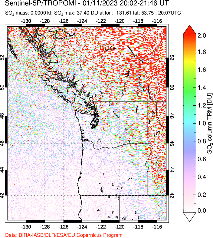 A sulfur dioxide image over Cascade Range, USA on Jan 11, 2023.