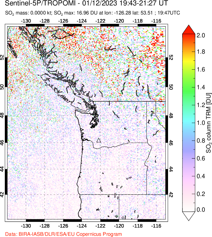 A sulfur dioxide image over Cascade Range, USA on Jan 12, 2023.