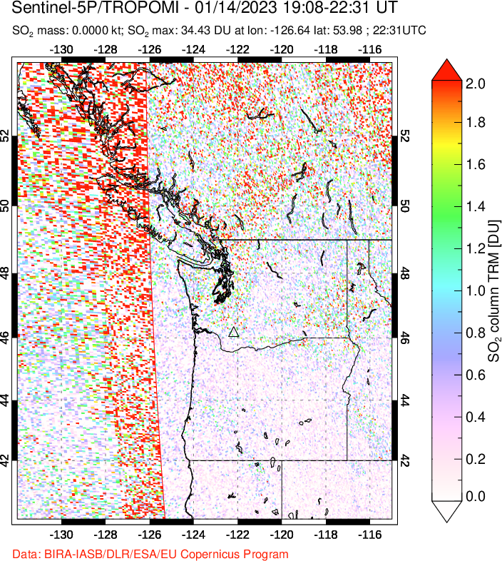 A sulfur dioxide image over Cascade Range, USA on Jan 14, 2023.