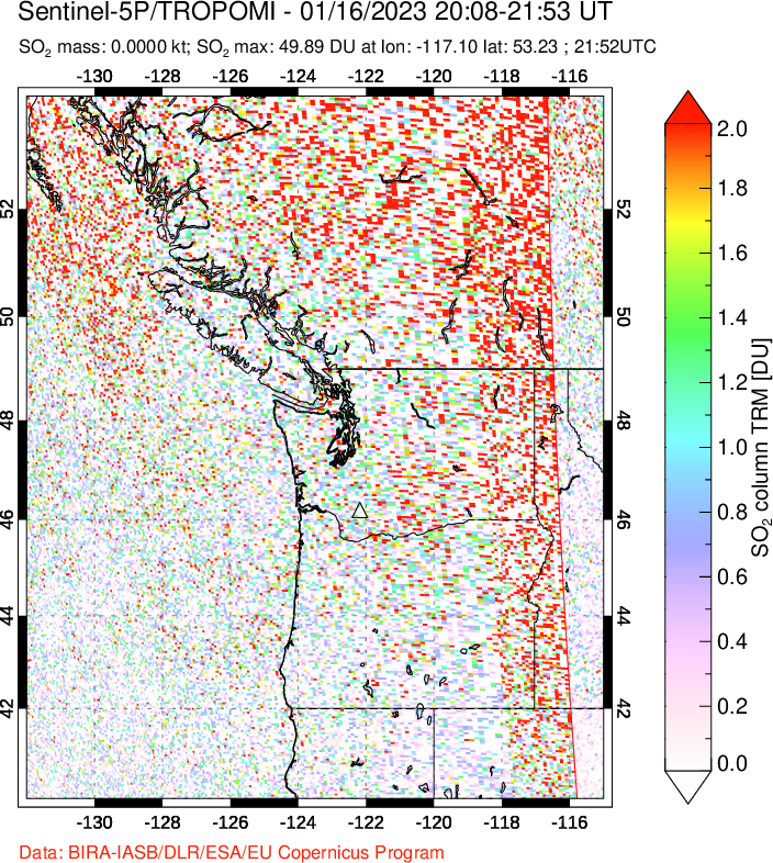 A sulfur dioxide image over Cascade Range, USA on Jan 16, 2023.