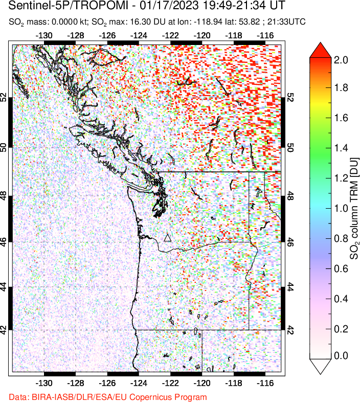 A sulfur dioxide image over Cascade Range, USA on Jan 17, 2023.