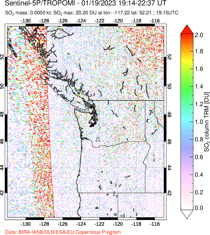 A sulfur dioxide image over Cascade Range, USA on Jan 19, 2023.