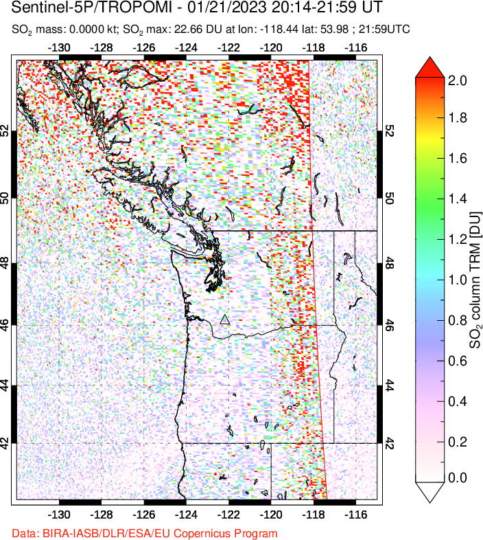 A sulfur dioxide image over Cascade Range, USA on Jan 21, 2023.