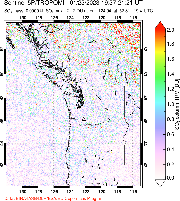 A sulfur dioxide image over Cascade Range, USA on Jan 23, 2023.