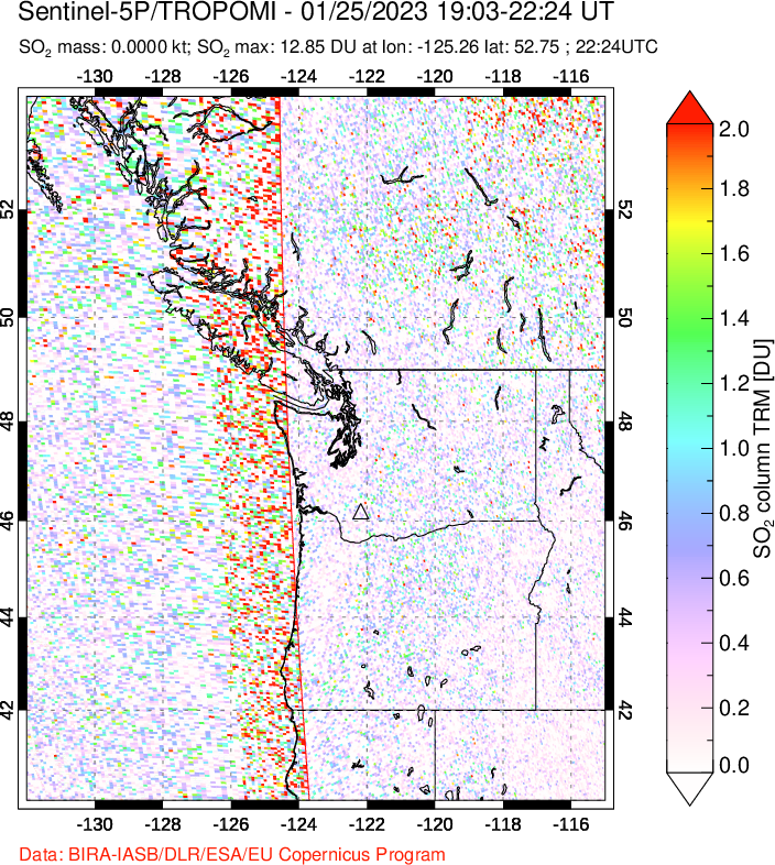 A sulfur dioxide image over Cascade Range, USA on Jan 25, 2023.