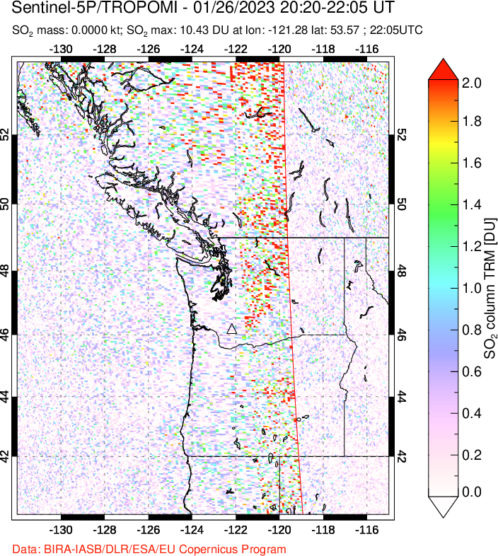 A sulfur dioxide image over Cascade Range, USA on Jan 26, 2023.