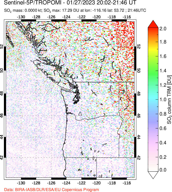 A sulfur dioxide image over Cascade Range, USA on Jan 27, 2023.