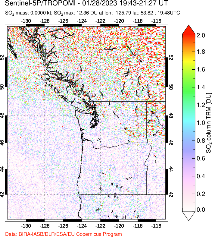 A sulfur dioxide image over Cascade Range, USA on Jan 28, 2023.