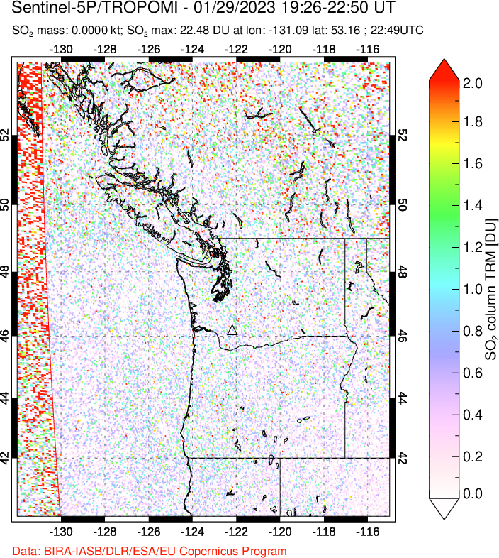 A sulfur dioxide image over Cascade Range, USA on Jan 29, 2023.