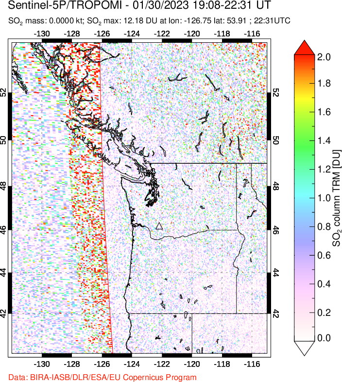 A sulfur dioxide image over Cascade Range, USA on Jan 30, 2023.
