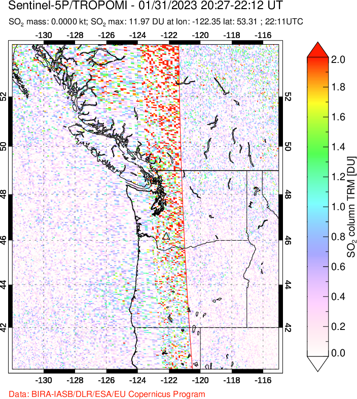 A sulfur dioxide image over Cascade Range, USA on Jan 31, 2023.