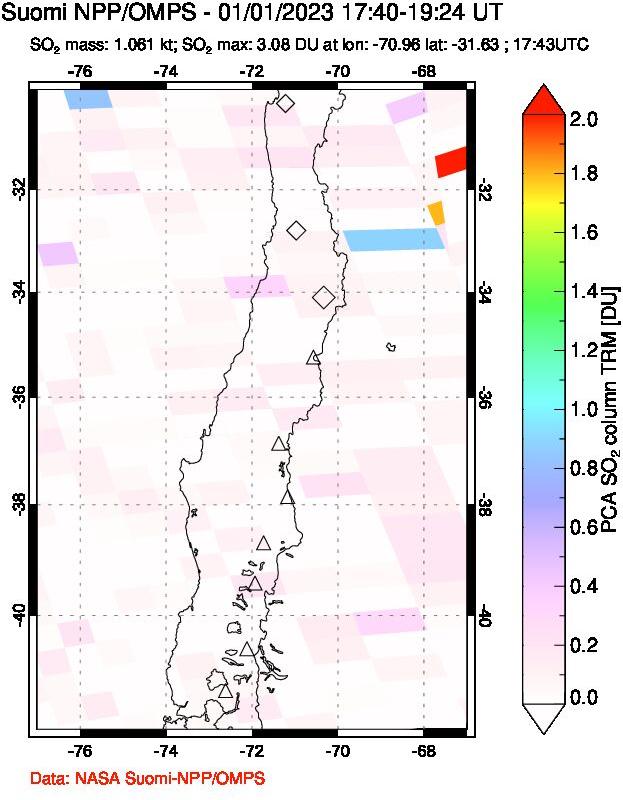 A sulfur dioxide image over Central Chile on Jan 01, 2023.