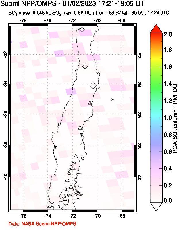 A sulfur dioxide image over Central Chile on Jan 02, 2023.