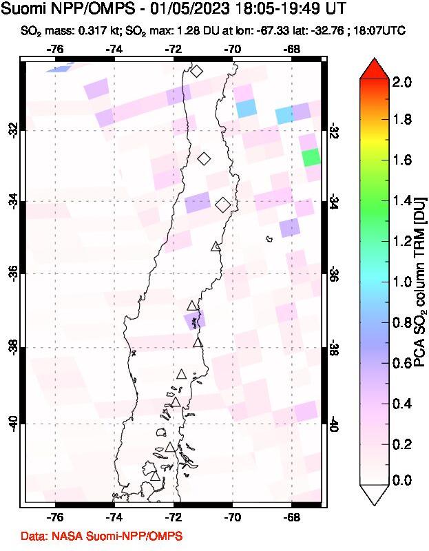 A sulfur dioxide image over Central Chile on Jan 05, 2023.