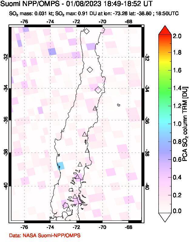 A sulfur dioxide image over Central Chile on Jan 08, 2023.