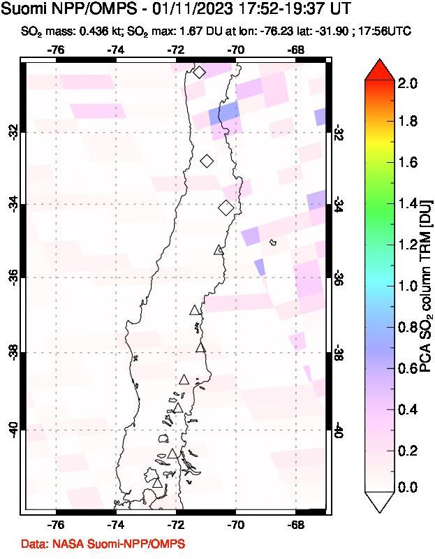A sulfur dioxide image over Central Chile on Jan 11, 2023.