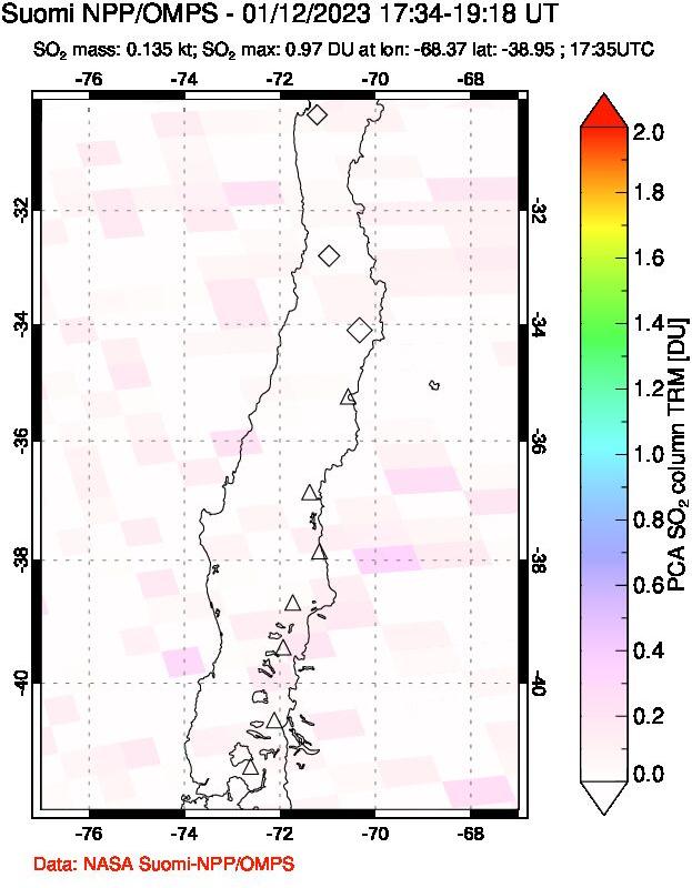A sulfur dioxide image over Central Chile on Jan 12, 2023.