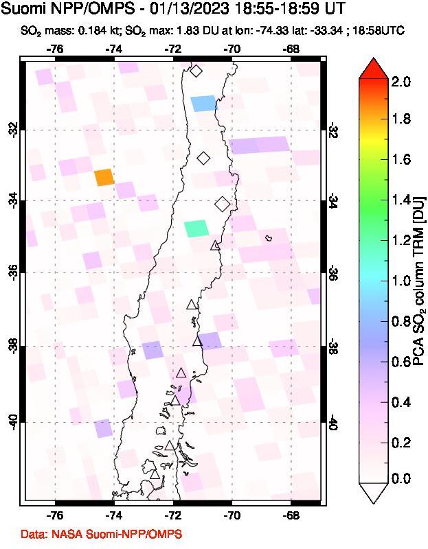 A sulfur dioxide image over Central Chile on Jan 13, 2023.