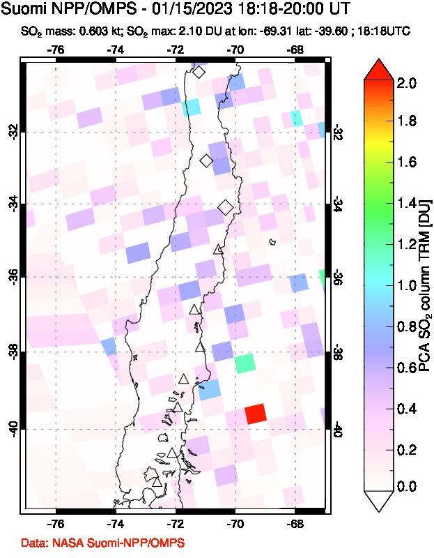 A sulfur dioxide image over Central Chile on Jan 15, 2023.