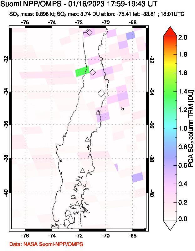 A sulfur dioxide image over Central Chile on Jan 16, 2023.