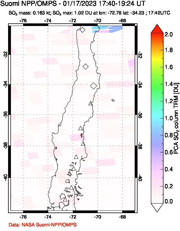 A sulfur dioxide image over Central Chile on Jan 17, 2023.
