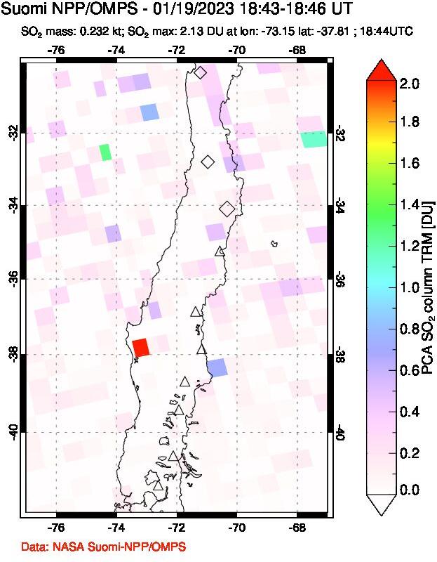 A sulfur dioxide image over Central Chile on Jan 19, 2023.