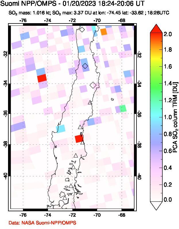 A sulfur dioxide image over Central Chile on Jan 20, 2023.
