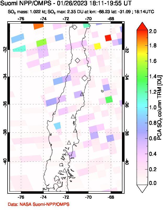 A sulfur dioxide image over Central Chile on Jan 26, 2023.