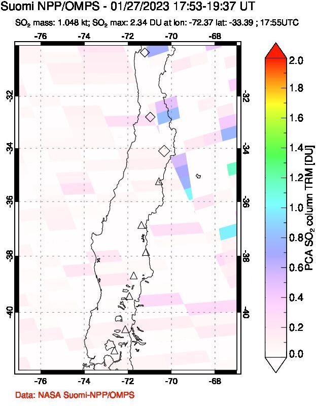 A sulfur dioxide image over Central Chile on Jan 27, 2023.