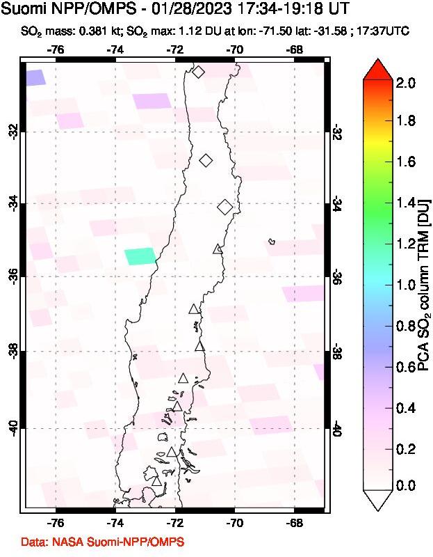 A sulfur dioxide image over Central Chile on Jan 28, 2023.