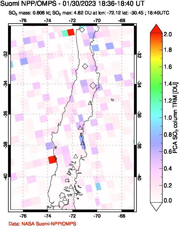 A sulfur dioxide image over Central Chile on Jan 30, 2023.