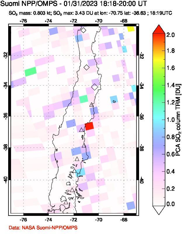 A sulfur dioxide image over Central Chile on Jan 31, 2023.