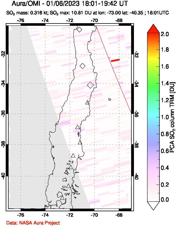 A sulfur dioxide image over Central Chile on Jan 06, 2023.